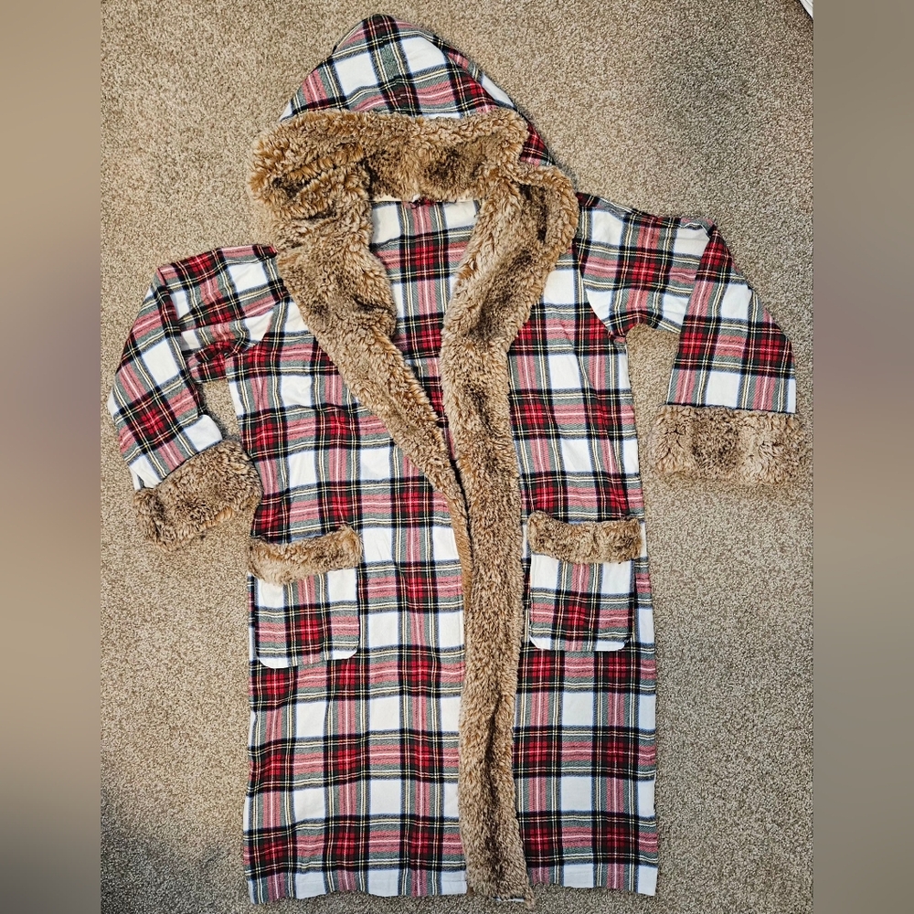Pottery Barn Plaid Hooded Robe with Faux Fur Trim